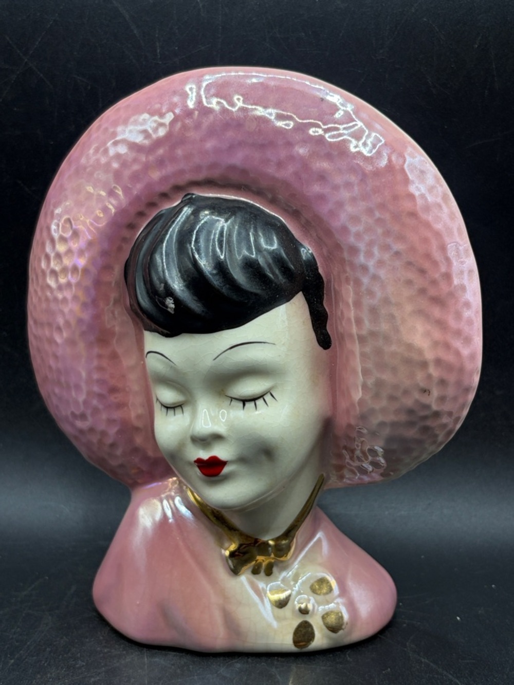 Vintage MCM Hand Painted Lusterware Pink Hat Lady Head Vase Ceramic Wall Pocket